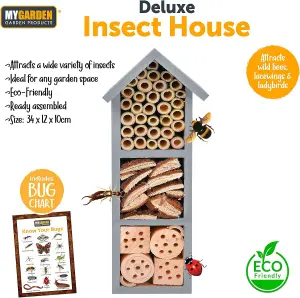 Wooden Insect Hotel with Grey - Free Standing Natural Wood Eye Catching Bug House - Hanging Outdoor Shelter