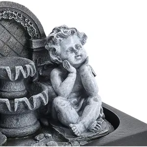 Grey Resin Tabletop Cherub  Electric Fountain Water Feature with LED Light