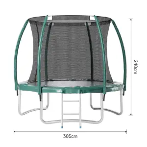 10ft Outdoor Round Trampoline with Safety Net Enclosure and Ladder in Dark Green for Garden