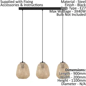 Hanging Ceiling Pendant Light Round Wicker Shade 3 x 40W E27 Kitchen Island