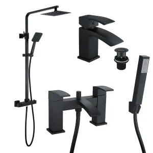 Square Black Thermostatic Overhead Shower Kit & Lucia Basin & Bath Shower Mixer Tap Pack