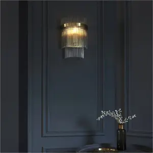 5 Light Ceiling Pendant & 2x Matching Wall Light - Clear Glass rods Antique Brass Ring