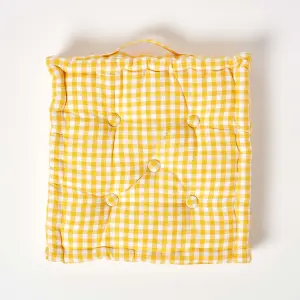 Homescapes Cotton Gingham Check Yellow Floor Cushion, 50 x 50 cm