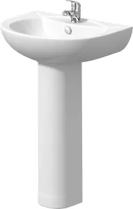 Curved Bathroom Wash Basin Sink Full Pedestal Floorstanding 1 Tap Hole Ceramic Modern Gloss White