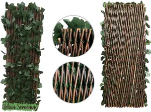 Artificial Faux Ivy Hedge Maple Leaf Screening Fence  Ivy on Willow Trellis Privacy Decorative Expandable Fence 2mx 1m Garden