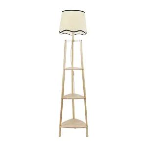 ValueLights Hiru 3 Tier Shelved Wooden Floor Lamp with Linen Black Trim Scallop Tapered Shade