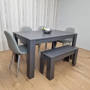 Dark Grey Dining Table with 4 Diamond Stitched Grey Chairs and 1 Bench