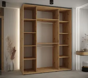 Sapporo II - Oak Artisan Mirrored Sliding Door Wardrobe with Lamella Effect - Ample Storage (H)2050mm (W)1900mm (D)600mm