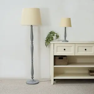 ValueLights Victoria Traditional Grey Wood Candlestick Table Lamp with Beige Tapered Shade