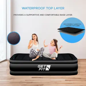 Get Fit Air Bed With Built In Electric Pump - Single Size Blow Up Bed Free Pillow - Elevated Inflatable Air Mattress - Black Mono