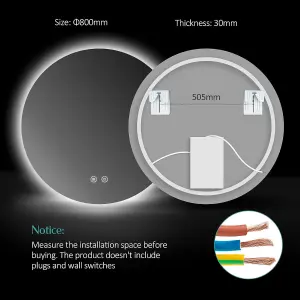 EMKE Round Bathroom Mirror with Led Lights, 800mm Wall Mounted Vanity Mirror with Touch, Demister and Memory Dimmable