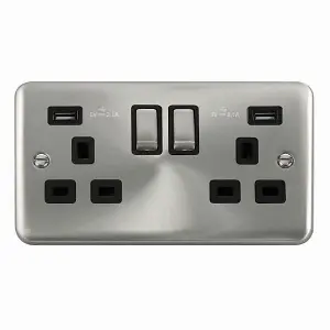 Curved Satin / Brushed Chrome 2 Gang 13A DP Ingot 2 USB Twin Double Switched Plug Socket - Black Trim - SE Home