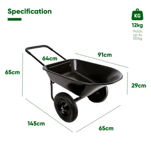 Garden WHEELBARROW 150kg Heavy Duty 85Ltr Toughened Plastic Barrow Tray Yard Equine with 2 Wheels & All Terrain Pneumatic Tyres