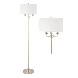 First Choice Lighting 3 Light Antique Brass Floor Standard Light with Light Cream Fabric Shade