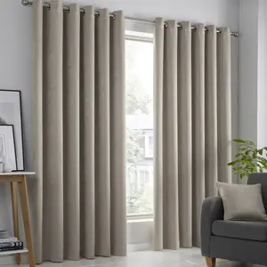 Polyester Room Darkening Grommet / Eyelet Curtain Pair Natural / Width 117 x Drop 137 cm