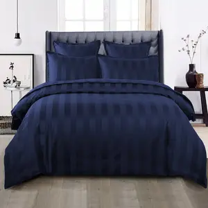 Renze Microfiber 250 TC Reversible Stripe Duvet Cover Set with Pillowcases Navy / Double Duvet Cover + 2 Standard  Pillowcases