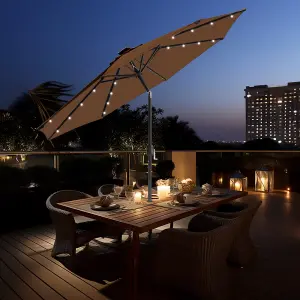 SunDaze 2.7M Coffee Garden Parasol with Solar LED Lights and Crank Tilt Mechanism Outdoor Patio Umbrella