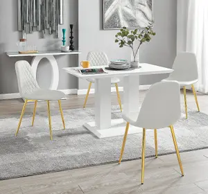 Furniturebox UK 4 Seater Dining Set - Imperia White High Gloss Dining Table and Chairs - 4 White Corona Gold Chairs