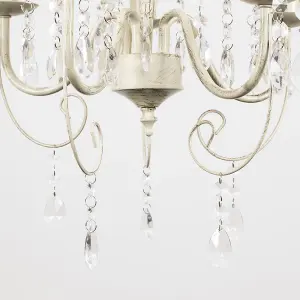 ValueLights Lille Cream Ornate 5 Way Ceiling Light Chandelier with Acrylic Jewels and 5 LED SES E14 Frosted Glass Candle Bulbs