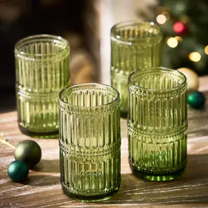 Set of 4 Luxury Green Tall Highball Drinking Glass Tumblers 500ml