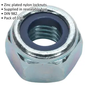 100 Pack of M10 Zinc Plated Nylon Locknuts - 1.5mm Pitch - DIN 982 Metric Fasteners