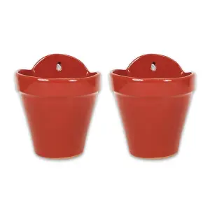 Dipped Red Hand Painted Set of 2 Outdoor Garden Hanging Plant Pots (D) 22cm