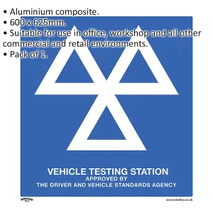 1x MOT TESTING STATION Safety Sign - Aluminium Metal 600 x 625mm Warning Plate