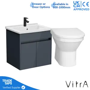 VitrA 600mm Wall Hung Bathroom Vanity Unit with 2 Doors Includes Basin, Black Tap and Back to Wall Toilet - Grey Gloss