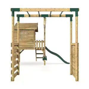 Rebo Orchard 4ft Wooden Children's Playhouse, Swings, Monkey Bars, Deck & 6ft Slide - Double Swing - Venus Green