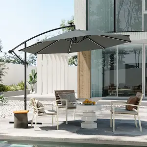 3M Garden Sun Shade Cantilever Parasol Patio Hanging Banana Umbrella Crank Tilt with Solar Lights, Dark Grey