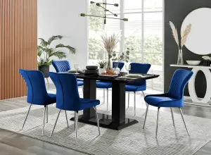 Imperia Black High Gloss 6 Seater Dining Table with Structural 2 Plinth Column Legs 6 Blue Velvet Silver Leg Nora Chairs