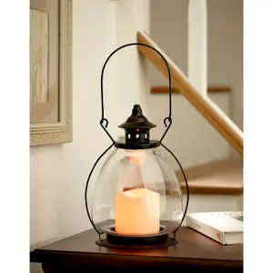 Metal & Glass Shepherds Lantern with LED Faux Candle - Freestanding or Hanging Decoration - H28cm x 15cm Diameter