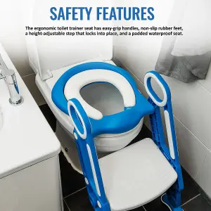 HILLINGTON Padded Potty Toilet Seat - Adjustable Baby Toddler Kid Toilet Trainer with One Step Stool Ladder for Children - BLUE