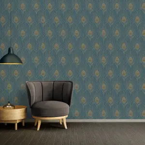 Galerie Absolutely Chic Blue Yellow Metallic Peacock Feather Motif Smooth Wallpaper