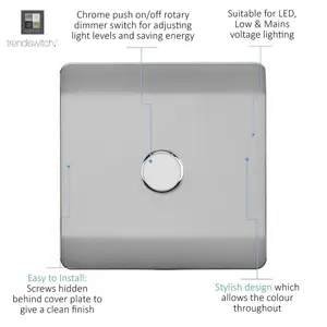 Trendi Switch 1 Gang 1 or 2 way 150w Rotary LED Dimmer Light Switch in Brushed Steel