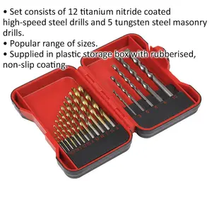 17 Piece Drill Bit Set - 12 Titanium Coated HSS & 5 Tungsten Steel Masonry Bits