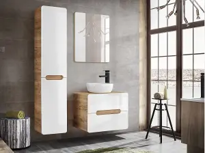 Bathroom Furniture Set with Tall Laundry Unit & 600 Vanity Countertop Sink White Gloss Oak Arub