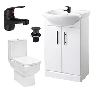 Bubly Bathrooms™ 550mm Vanity Unit and Close Coupled Square WC Dual Flush Toilet Matt Black Tap & Waste Set