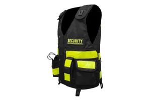 RAC3 High-Visibility Black Security Vest, Yellow Reflective Strips, Body Camera Mounts, Pockets, Adjustable Fit Up to 5XL (Black)