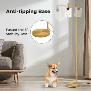 COSTWAY Industrial Floor Lamp Standing Lamp with Hanging Glass Lampshade & Foot Switch Golden