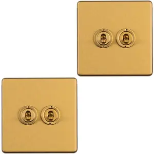 2 PACK 2 Gang Double Retro Toggle Light Switch SCREWLESS SATIN BRASS 10A 2 Way