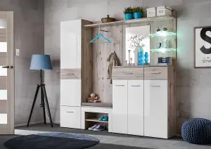 Gustavo IV Hallway Set: Elegant Storage Solution with LED Lighting - W2100mm x H2000mm x D350mm in Oak Wellington & White Gloss