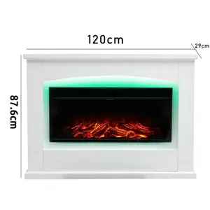 Electric Fire Suite Black Fireplace with White Surround Set 7 LED Mood Light Adjustable Stove Size 34''