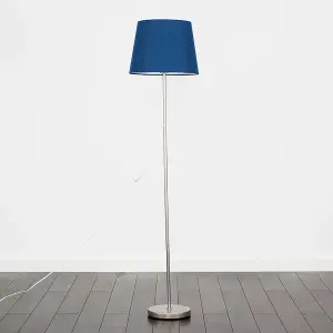 ValueLights Modern Floor Lamp In Brushed Chrome Metal Finish With Navy Blue Shade