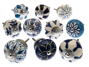 MangoTreeKnobs -  Mixed Set of Blue and White Ceramic Cupboard Knobs x Pack 10 (MG-203)