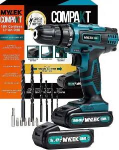 MYLEK 18V Cordless Drill Driver with Two Li-ion  Batteries And UK Charger,  Screwdriver Action And Accessory Kit