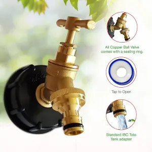 IBC Tank Adapter Hose Connector - S60X6 Brass Garden Tap with Click-Lock Hose Fitting- Heavy Duty Coarse Thread PTFE Tape Included