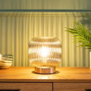 ValueLights Monroe Smoked Ribbed Glass Portable Cordless Battery Powered Table Lamp Bedside Light