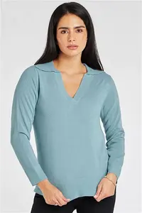 Bonmarche Sage Supersoft V-Neck Collared Jumper, Size: 10