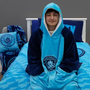 Manchester City FC Hoodie Blanket Oversized Sweatshirt Sherpa, Blue - Medium